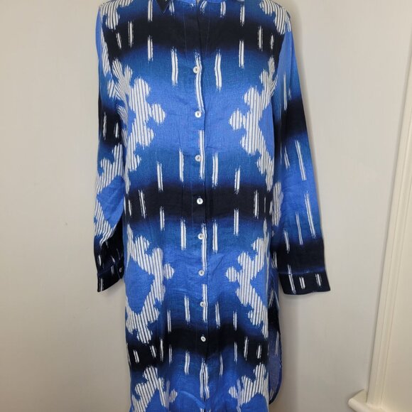 Chicos Womens Blue White Ikat Print Linen Button-Down shirt dress 12/14 tunic - Picture 3 of 7